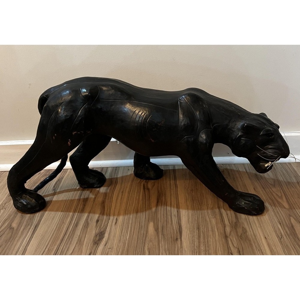 Vintage Leather Wrapped Black Panther Statue Prowling Feline Decor Large 34"